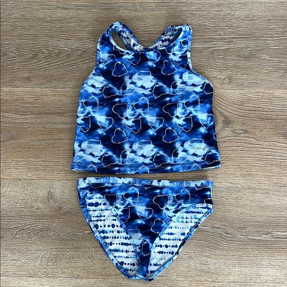Eddie Bauer Girls 10/12 Reversible Tankini Swimsuit 2PC Blue Heart Set EUC - Picture 1 of 10